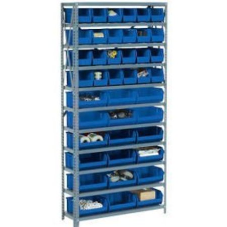 GLOBAL EQUIPMENT Steel Open Shelving with 30 Blue Plastic Stacking Bins 11 Shelves - 36x12x73 603250BL